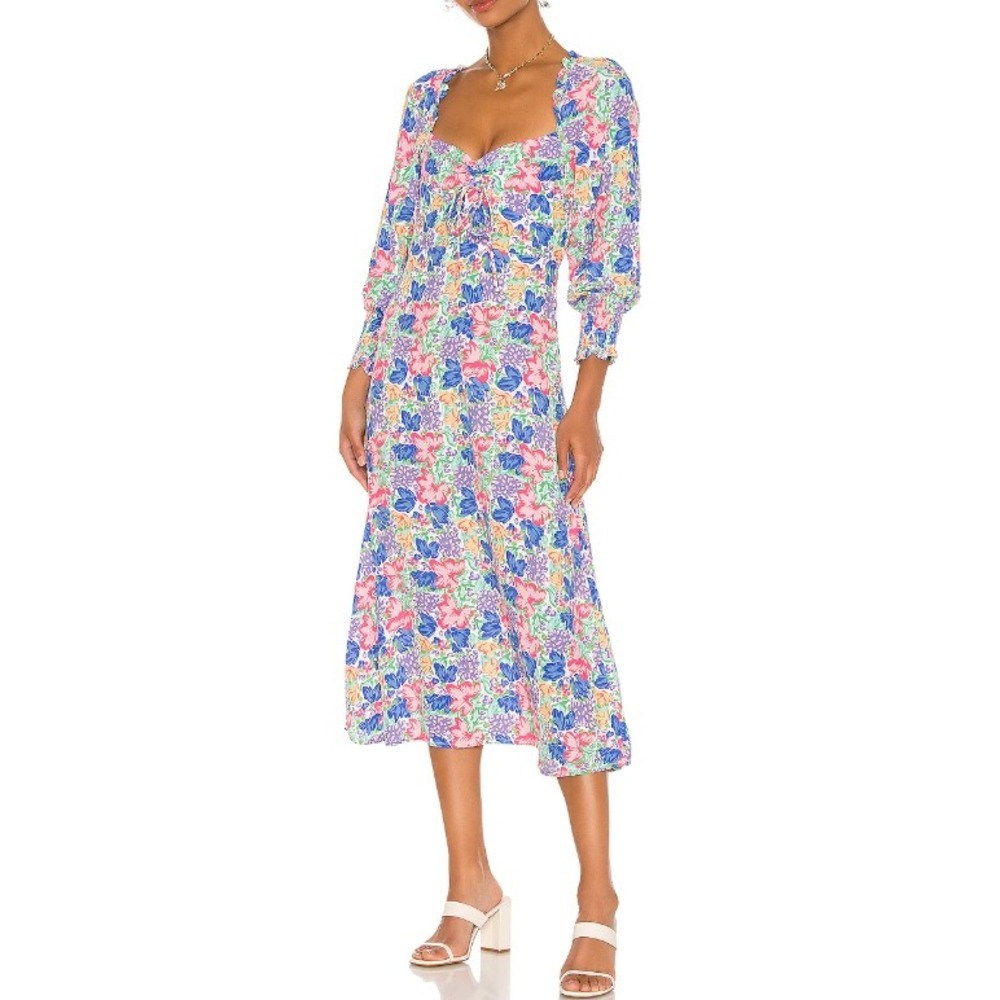 Faithfull The Brand Mathilde Midi Dress size 6 Multi Floral Smocked Puff Sleeve
